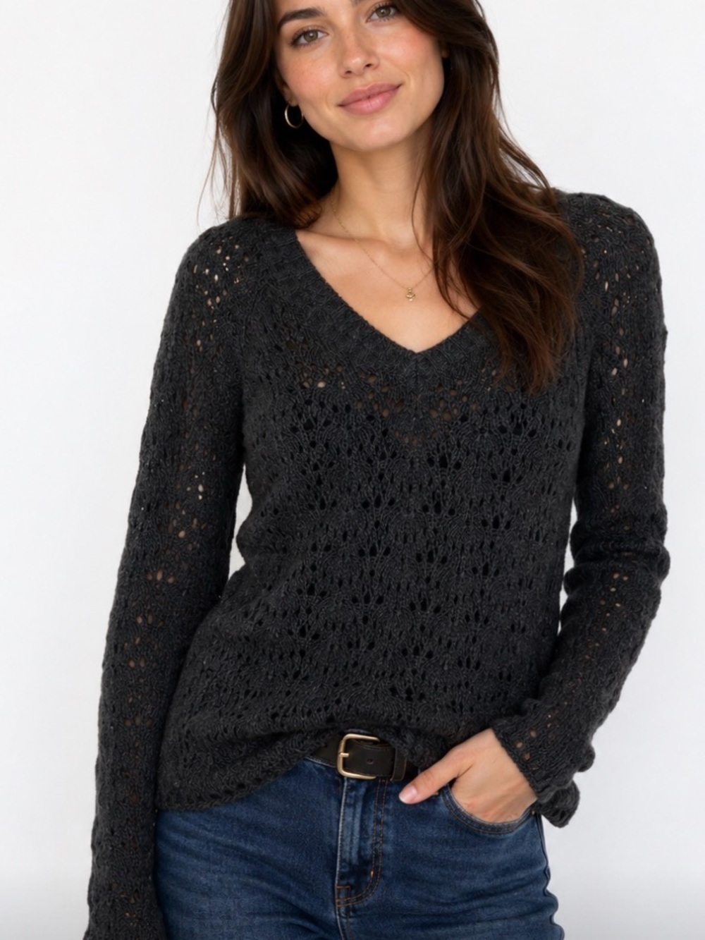 American Eagle Outfitters Charcoal Open-Knit Wool Blend V-Neck Sweater